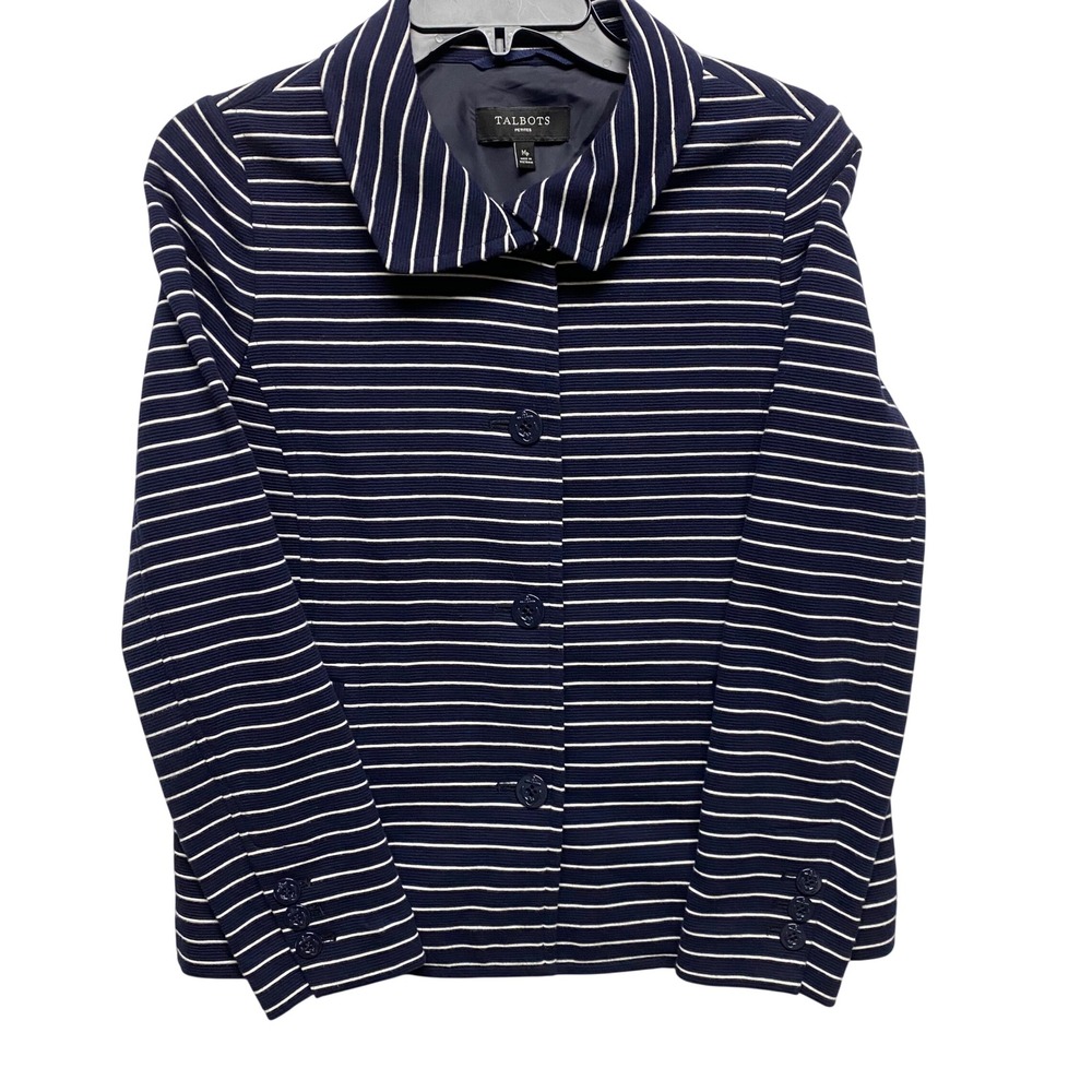 Talbots Petites Navy White Striped Blazer Jacket Women's MP - Picture 4 of 7